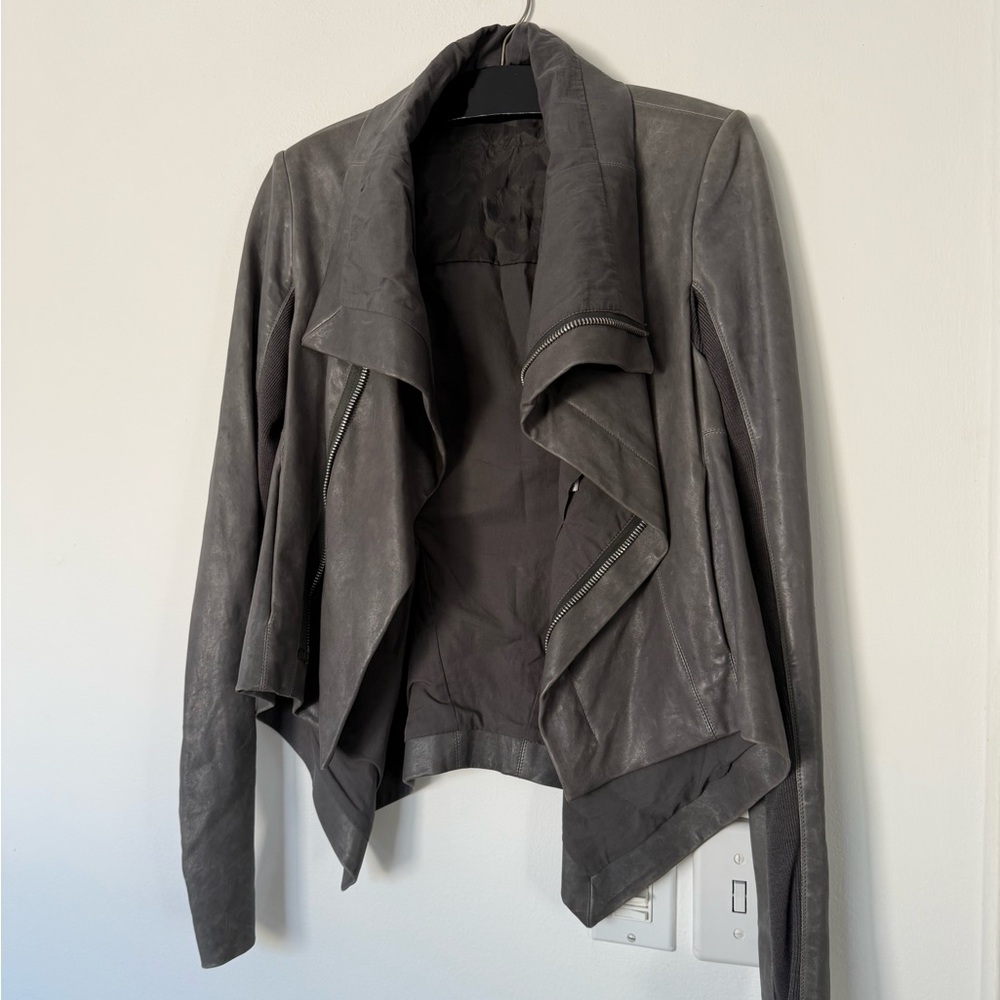 Rick Owens Charcoal Draped Leather Jacket